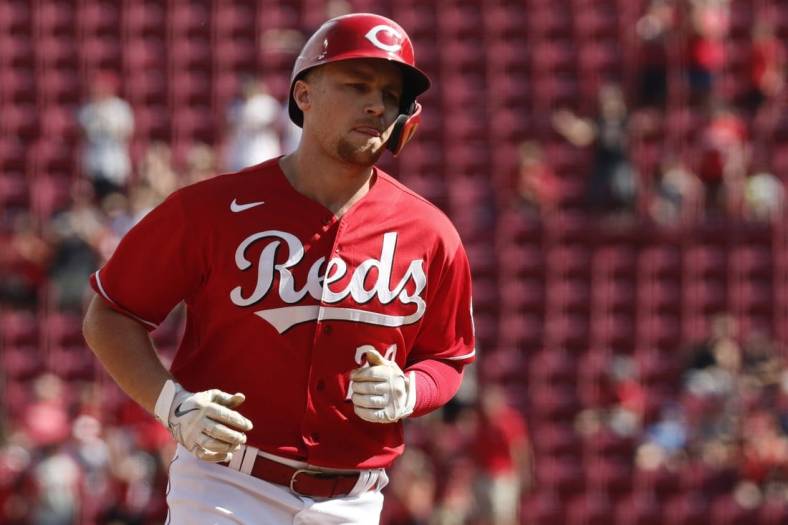 Jul 31, 2022; Cincinnati, Ohio, USA; Cincinnati Reds first baseman Brandon Drury (22) rounds the bases after hitting a home run against the Baltimore Orioles during the eighth inning at Great American Ball Park. Mandatory Credit: David Kohl-USA TODAY Sports