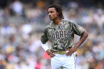 Jul 31, 2022; San Diego, California, USA; San Diego Padres second baseman baseman C.J. Abrams (77) looks on before the ninth inning against the Minnesota Twins at Petco Park. Mandatory Credit: Orlando Ramirez-USA TODAY Sports