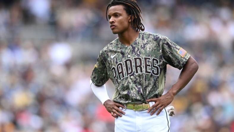 Jul 31, 2022; San Diego, California, USA; San Diego Padres second baseman baseman C.J. Abrams (77) looks on before the ninth inning against the Minnesota Twins at Petco Park. Mandatory Credit: Orlando Ramirez-USA TODAY Sports