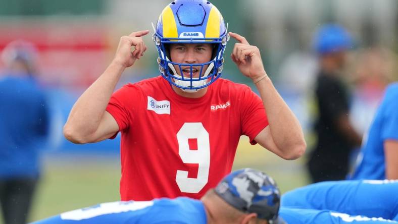 Jul 31, 2022; Irvine, CA, USA; Los Angeles Rams quarterback Matthew Stafford (9) during training camp at UC Irvine. Mandatory Credit: Kirby Lee-USA TODAY Sports