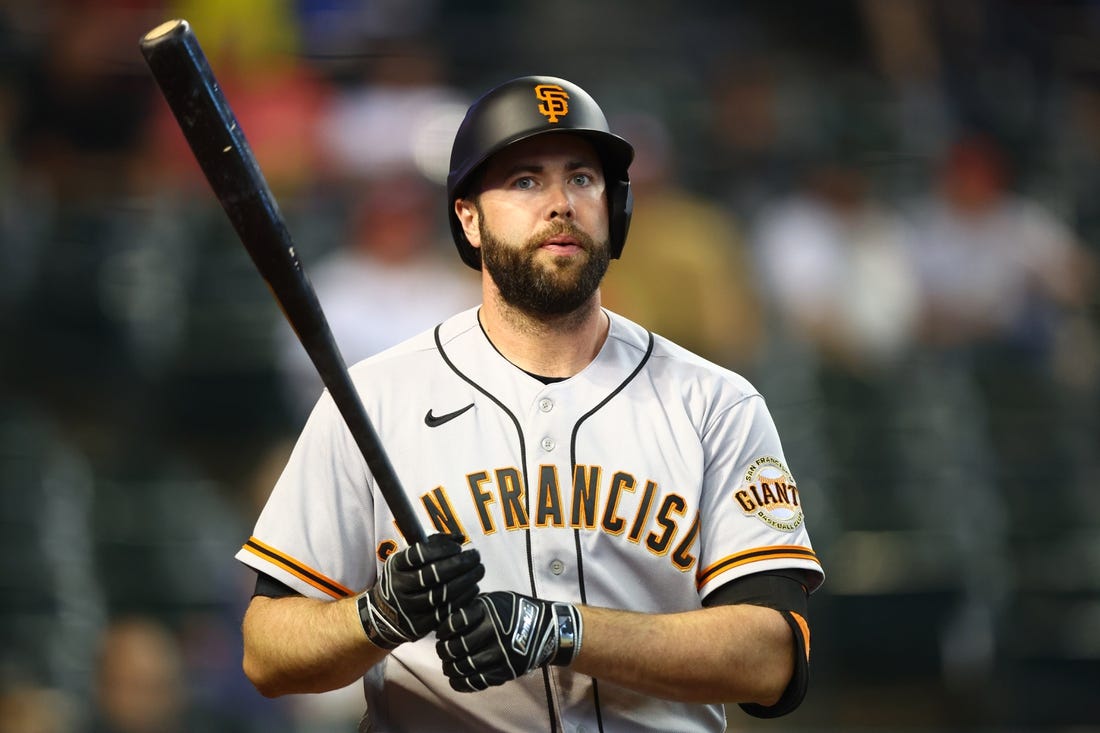 Jul 5, 2022; Phoenix, Arizona, USA; San Francisco Giants infielder Darin Ruf against the Arizona Diamondbacks at Chase Field. Mandatory Credit: Mark J. Rebilas-USA TODAY Sports