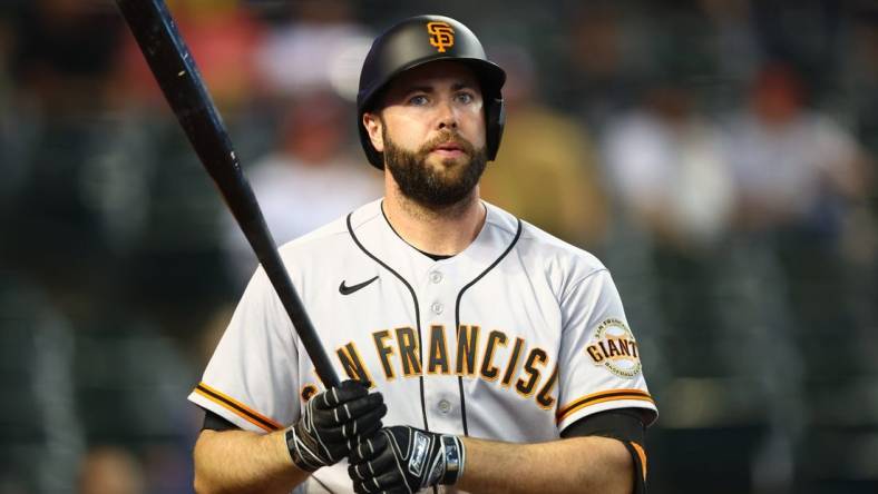 Jul 5, 2022; Phoenix, Arizona, USA; San Francisco Giants infielder Darin Ruf against the Arizona Diamondbacks at Chase Field. Mandatory Credit: Mark J. Rebilas-USA TODAY Sports