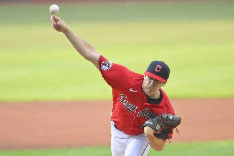 Aug 1, 2022; Cleveland, Ohio, USA; Cleveland Guardians starting pitcher Cal Quantrill (47) delivers a pitch in the first inning against the Arizona Diamondbacks at Progressive Field. Mandatory Credit: David Richard-USA TODAY Sports