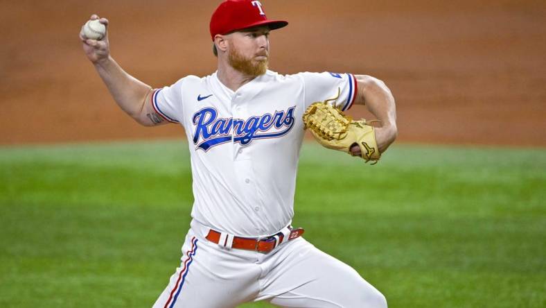 Aug 1, 2022; Arlington, Texas, USA; Texas Rangers starting pitcher Jon Gray (22) pitches against the Baltimore Orioles during the second inning at Globe Life Field. Mandatory Credit: Jerome Miron-USA TODAY Sports