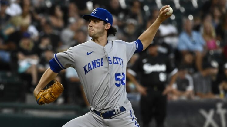 Aug 1, 2022; Chicago, Illinois, USA;  Kansas City Royals starting pitcher Daniel Lynch (52) delivers against the Chicago White Sox during the third inning at Guaranteed Rate Field. Mandatory Credit: Matt Marton-USA TODAY Sports