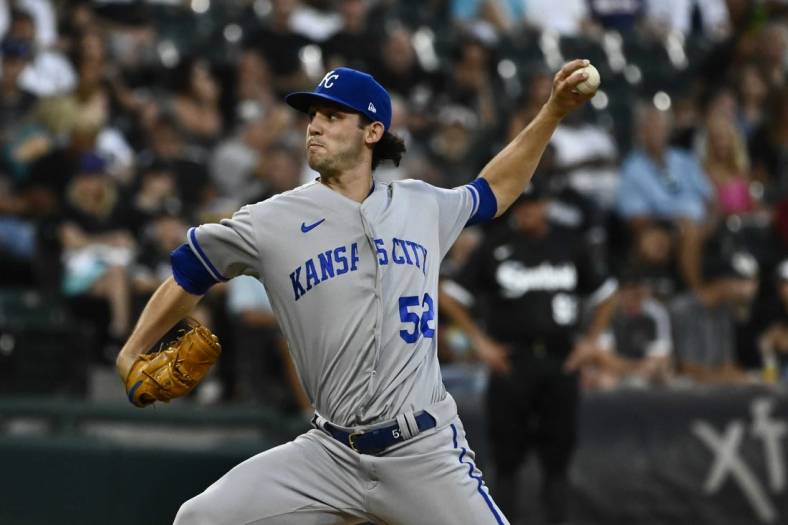 Aug 1, 2022; Chicago, Illinois, USA;  Kansas City Royals starting pitcher Daniel Lynch (52) delivers against the Chicago White Sox during the third inning at Guaranteed Rate Field. Mandatory Credit: Matt Marton-USA TODAY Sports