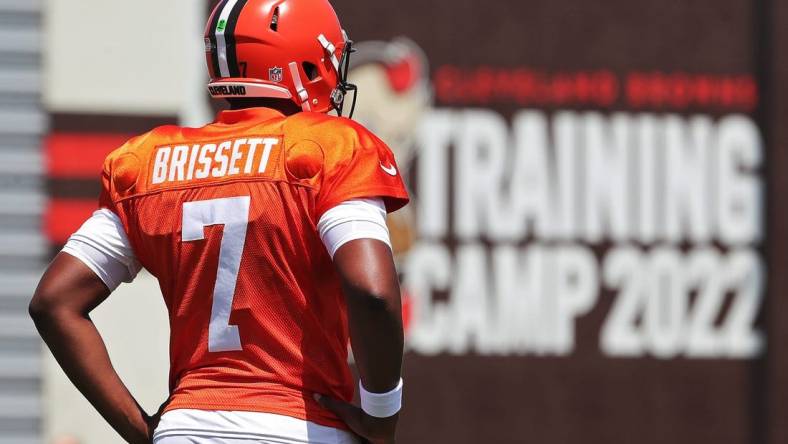 Cleveland Browns quarterback Jacoby Brissett watches from the sideline during the NFL football team's football training camp in Berea on Tuesday.Brissett Camp 2