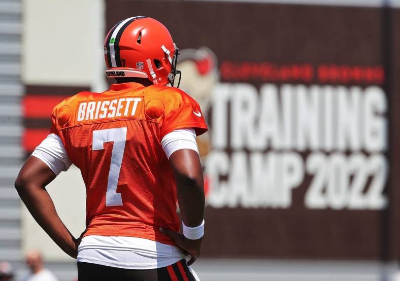 Cleveland Browns quarterback Jacoby Brissett watches from the sideline during the NFL football team's training camp in Berea on Tuesday.

Brissett Camp 2