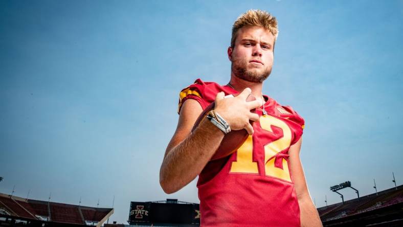 Hunter Dekkers stands for a photo during Iowa State Football media day at Jack Trice Stadium in Ames, Tuesday, Aug. 2, 2022.