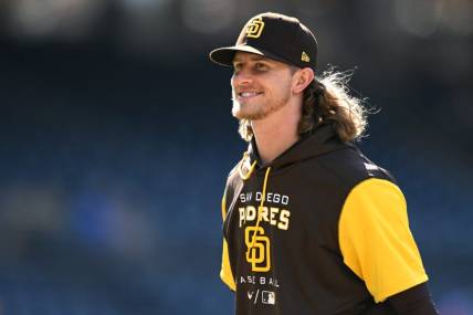 Aug 2, 2022; San Diego, California, USA; San Diego Padres relief pitcher Josh Hader (71) smiles while walking off the field after defeating the Colorado Rockies at Petco Park. Mandatory Credit: Orlando Ramirez-USA TODAY Sports