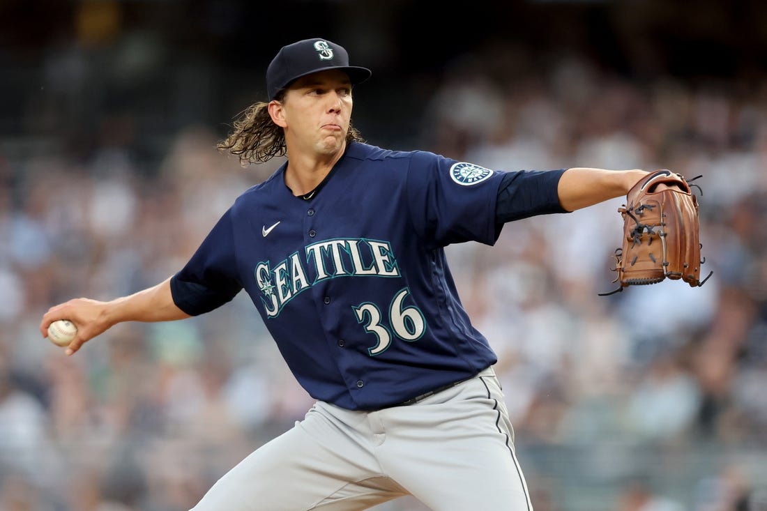 Aug 2, 2022; Bronx, New York, USA; Seattle Mariners starting pitcher Logan Gilbert (36) pitches against the New York Yankees during the first inning at Yankee Stadium. Mandatory Credit: Brad Penner-USA TODAY Sports