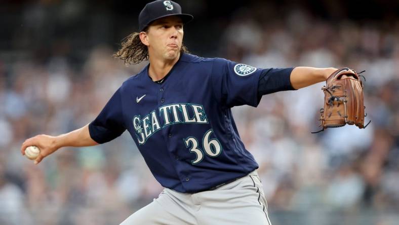 Aug 2, 2022; Bronx, New York, USA; Seattle Mariners starting pitcher Logan Gilbert (36) pitches against the New York Yankees during the first inning at Yankee Stadium. Mandatory Credit: Brad Penner-USA TODAY Sports