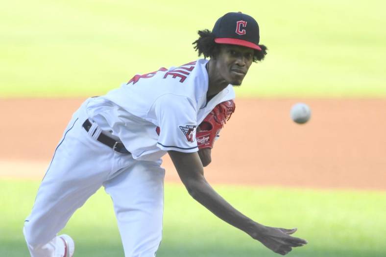 Aug 2, 2022; Cleveland, Ohio, USA; Cleveland Guardians starting pitcher Triston McKenzie (24) delivers a pitch in the first inning against the Arizona Diamondbacks at Progressive Field. Mandatory Credit: David Richard-USA TODAY Sports