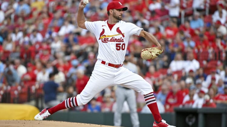 Aug 2, 2022; St. Louis, Missouri, USA;  St. Louis Cardinals starting pitcher Adam Wainwright (50) pitches against the Chicago Cubs during the first inning at Busch Stadium. Mandatory Credit: Jeff Curry-USA TODAY Sports