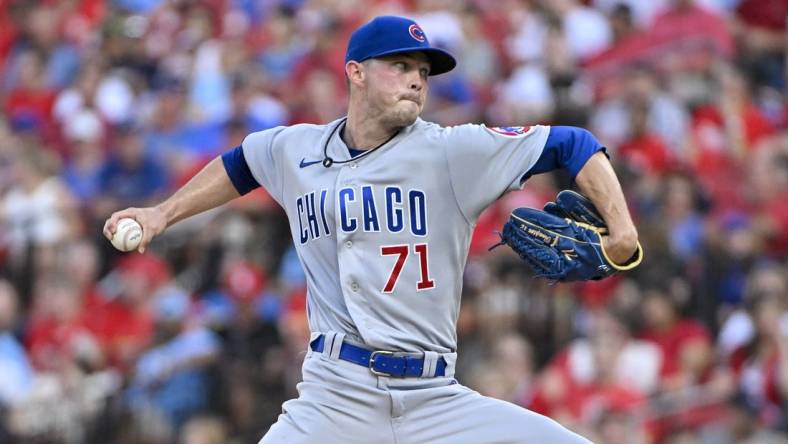 Aug 2, 2022; St. Louis, Missouri, USA;  Chicago Cubs starting pitcher Keegan Thompson (71) pitches against the St. Louis Cardinals during the first inning at Busch Stadium. Mandatory Credit: Jeff Curry-USA TODAY Sports