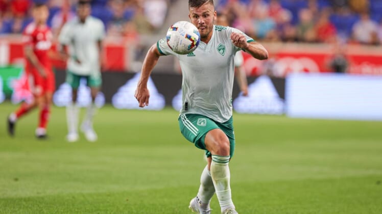 Aug 2, 2022; Harrison, New Jersey, USA; Colorado Rapids forward Diego Rubio (11) plays the ball against the New York Red Bulls during the first half at Red Bull Arena. Mandatory Credit: Vincent Carchietta-USA TODAY Sports