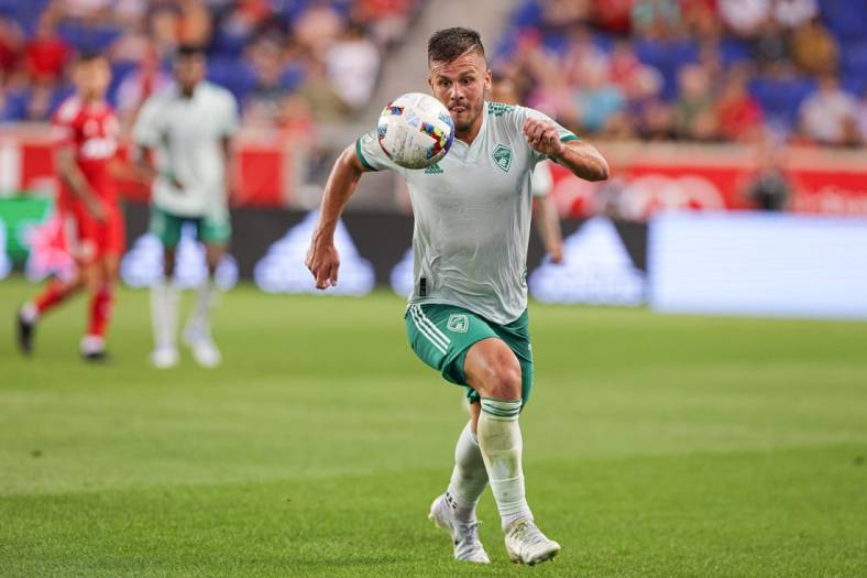 Aug 2, 2022; Harrison, New Jersey, USA; Colorado Rapids forward Diego Rubio (11) plays the ball against the New York Red Bulls during the first half at Red Bull Arena. Mandatory Credit: Vincent Carchietta-USA TODAY Sports
