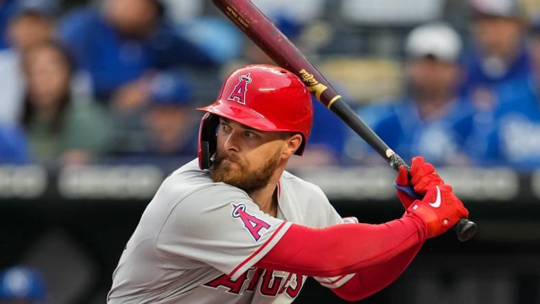 Jul 25, 2022; Kansas City, Missouri, USA; Los Angeles Angels first baseman Jared Walsh (20) bats against the Kansas City Royals during the first inning at Kauffman Stadium. Mandatory Credit: Jay Biggerstaff-USA TODAY Sports