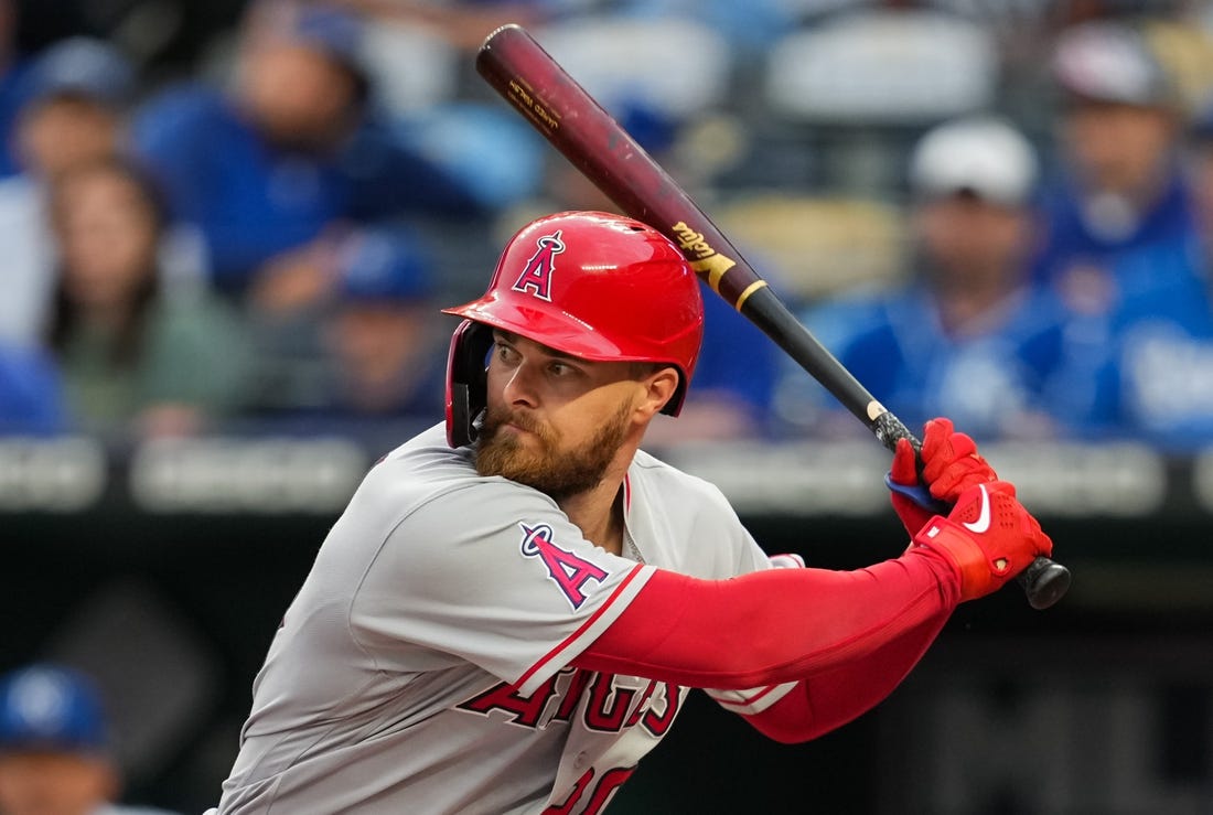 Jul 25, 2022; Kansas City, Missouri, USA; Los Angeles Angels first baseman Jared Walsh (20) bats against the Kansas City Royals during the first inning at Kauffman Stadium. Mandatory Credit: Jay Biggerstaff-USA TODAY Sports