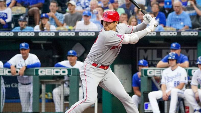 Jul 26, 2022; Kansas City, Missouri, USA; Los Angeles Angels designated hitter Shohei Ohtani (17) at bat against the Kansas City Royals during the game at Kauffman Stadium. Mandatory Credit: Denny Medley-USA TODAY Sports