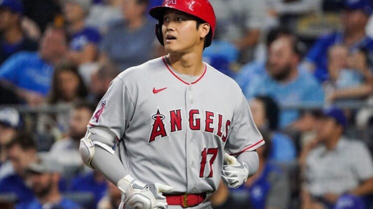 Jul 26, 2022; Kansas City, Missouri, USA; Los Angeles Angels designated hitter Shohei Ohtani (17) returns to the dugout after making an out against the Kansas City Royals during the game at Kauffman Stadium. Mandatory Credit: Denny Medley-USA TODAY Sports