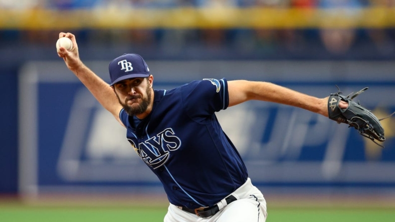 Aug 3, 2022; St. Petersburg, Florida, USA;  Tampa Bay Rays relief pitcher Ryan Thompson (81) throws a pitch against the Toronto Blue Jays in the sixth inning at Tropicana Field. Mandatory Credit: Nathan Ray Seebeck-USA TODAY Sports