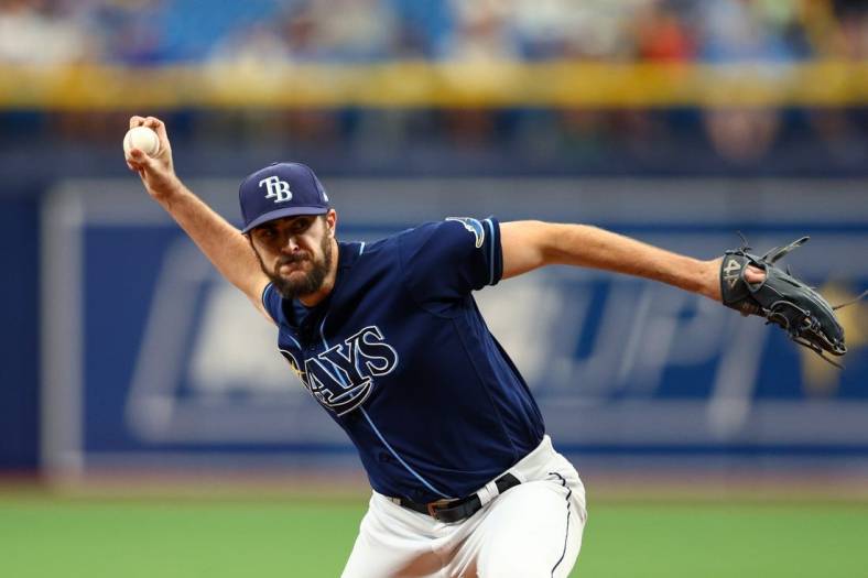 Aug 3, 2022; St. Petersburg, Florida, USA;  Tampa Bay Rays relief pitcher Ryan Thompson (81) throws a pitch against the Toronto Blue Jays in the sixth inning at Tropicana Field. Mandatory Credit: Nathan Ray Seebeck-USA TODAY Sports