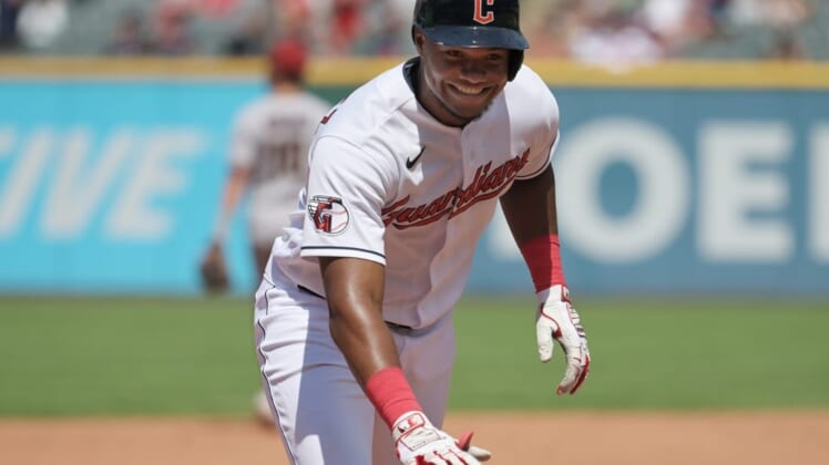 Aug 3, 2022; Cleveland, Ohio, USA; Cleveland Guardians right fielder Oscar Gonzalez (39) rounds the bases after hitting a home run during the sixth inning against the Arizona Diamondbacks at Progressive Field. Mandatory Credit: Ken Blaze-USA TODAY Sports