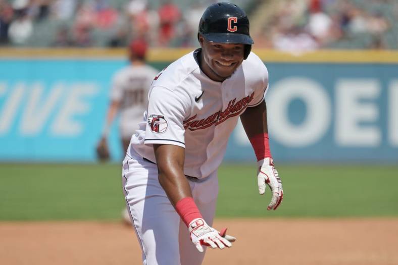 Aug 3, 2022; Cleveland, Ohio, USA; Cleveland Guardians right fielder Oscar Gonzalez (39) rounds the bases after hitting a home run during the sixth inning against the Arizona Diamondbacks at Progressive Field. Mandatory Credit: Ken Blaze-USA TODAY Sports