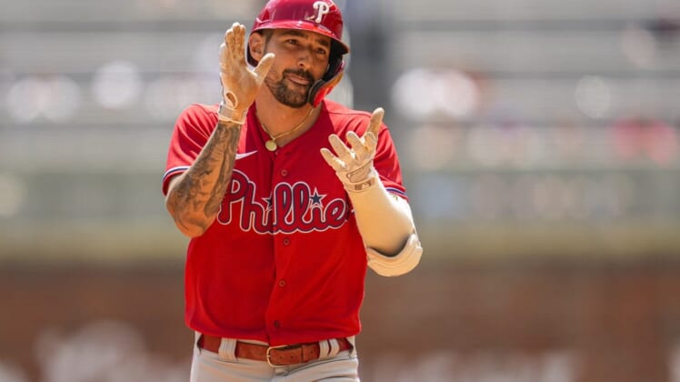 Aug 3, 2022; Cumberland, Georgia, USA; Philadelphia Phillies right fielder Nick Castellanos (8) reacts running the bases after hitting a two run home run against the Atlanta Braves during the eighth inning at Truist Park. Mandatory Credit: Dale Zanine-USA TODAY Sports