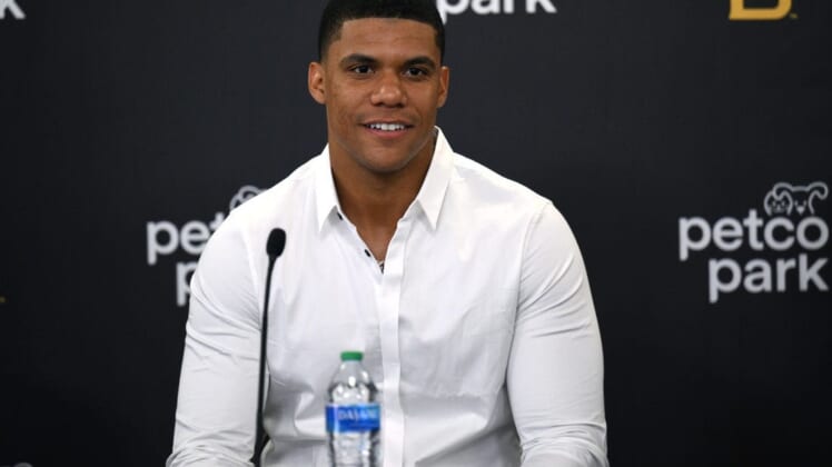 Aug 3, 2022; San Diego, CA, USA; San Diego Padres outfielder Juan Soto (22) looks on during a press conference at Petco Park. Mandatory Credit: Orlando Ramirez-USA TODAY Sports