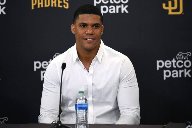 Aug 3, 2022; San Diego, CA, USA; San Diego Padres outfielder Juan Soto (22) looks on during a press conference at Petco Park. Mandatory Credit: Orlando Ramirez-USA TODAY Sports