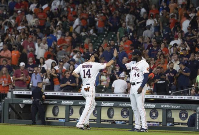 Houston Astros designated hitter Yordan Alvarez (44) bats in the