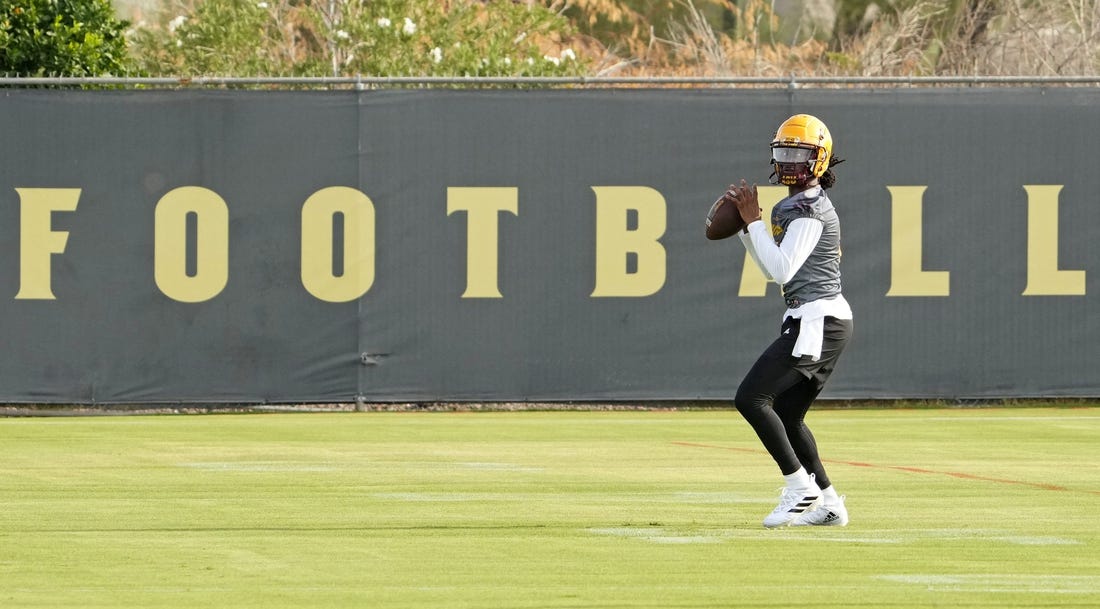 Aug 3, 2022; Tempe, Arizona, USA; Arizona State quarterback Emory Jones (5) during workouts at the Kajikawa practice field. Mandatory Credit: Rob Schumacher-Arizona Republic

Football Asu Practice