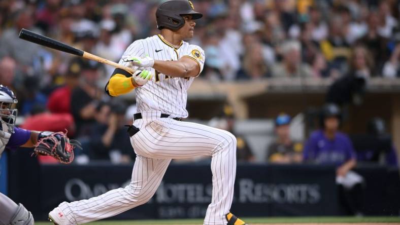 Aug 3, 2022; San Diego, California, USA; San Diego Padres right fielder Juan Soto (22) grounds out during the second inning against the Colorado Rockies at Petco Park. Mandatory Credit: Orlando Ramirez-USA TODAY Sports