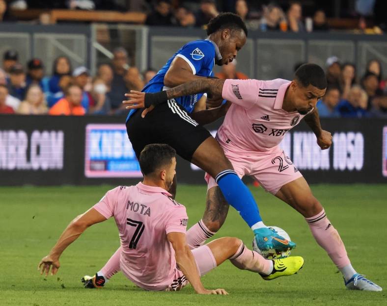 Aug 3, 2022; San Jose, California, USA; San Jose Earthquakes attacker Jeremy Ebobisse (11) battles for the ball between Inter Miami FC midfielder Jean Mata (7) and Inter Miami FC Gregore Silva (26) during the first half at PayPal Park. Mandatory Credit: Kelley L Cox-USA TODAY Sports