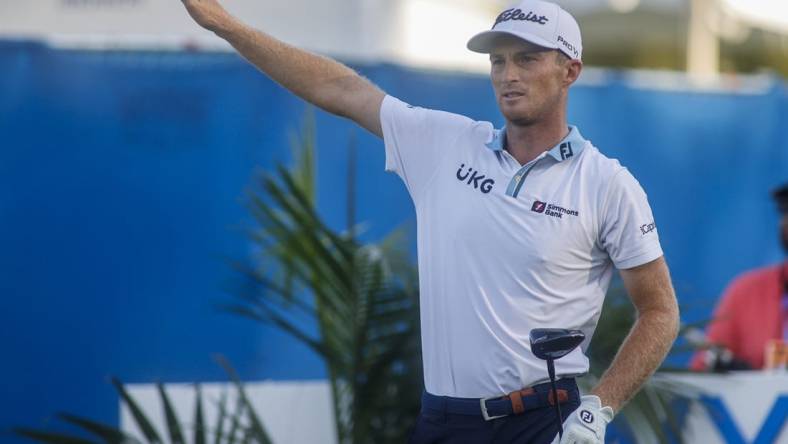 Aug 4, 2022; Greensboro, North Carolina, USA; Will Zalatoris reacts after hitting his tee shot on the 11th tee during the first round of the Wyndham Championship golf tournament. Mandatory Credit: Nell Redmond-USA TODAY Sports