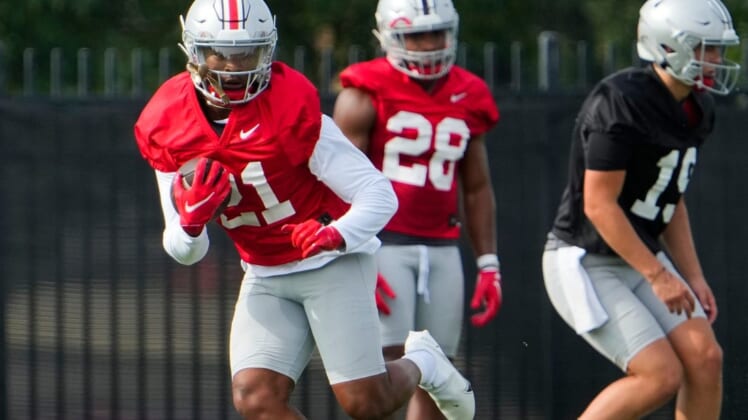 Aug 4, 2022; Columbus, OH, USA;  Ohio State Buckeyes running back Evan Pryor (21) runs during the first fall football practice at the Woody Hayes Athletic Center. Mandatory Credit: Adam Cairns-The Columbus DispatchOhio State Football First Practice