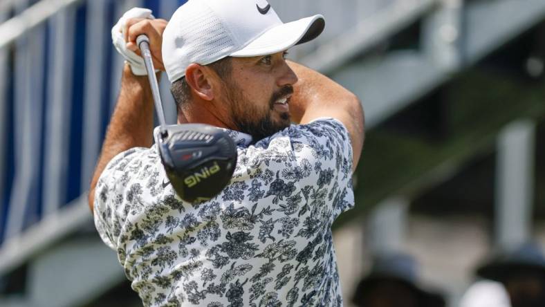 Aug 4, 2022; Greensboro, North Carolina, USA; Jason Day watches his tee shot off the 10th tee during the first round of the Wyndham Championship golf tournament. Mandatory Credit: Nell Redmond-USA TODAY Sports