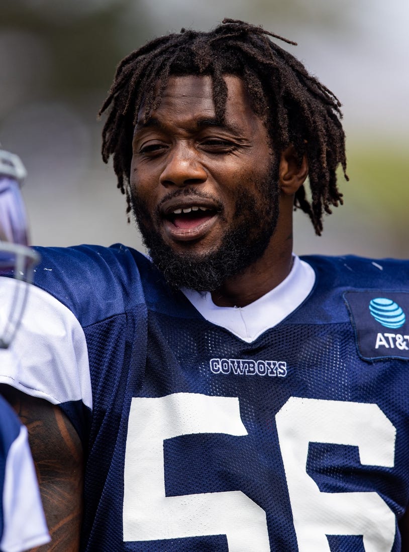 Aug 4, 2022; Oxnard, CA, USA; Dallas Cowboys defensive end Dante Fowler Jr. (56) during training camp at River Ridge Playing Fields in Oxnard, California. Mandatory Credit: Jason Parkhurst-USA TODAY Sports