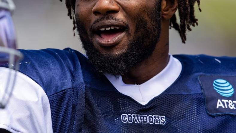 Aug 4, 2022; Oxnard, CA, USA; Dallas Cowboys defensive end Dante Fowler Jr. (56) during training camp at River Ridge Playing Fields in Oxnard, California. Mandatory Credit: Jason Parkhurst-USA TODAY Sports