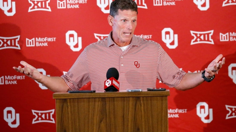 OU football coach Brent Venables speaks during media day Tuesday morning at Gaylord Family Oklahoma Memorial Stadium in Norman.cover main