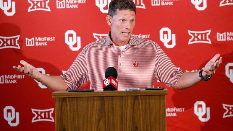 OU football coach Brent Venables speaks during media day Tuesday morning at Gaylord Family Oklahoma Memorial Stadium in Norman.

cover main