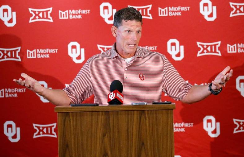 OU football coach Brent Venables speaks during media day Tuesday morning at Gaylord Family Oklahoma Memorial Stadium in Norman.

cover main