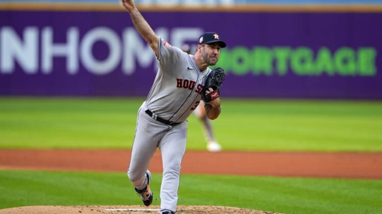 Aug 4, 2022; Cleveland, Ohio, USA; Houston Astros pitcher Justin Verlander (35) delivers a pitch against the Cleveland Guardians during the first inning at Progressive Field. Mandatory Credit: Gregory Fisher-USA TODAY Sports