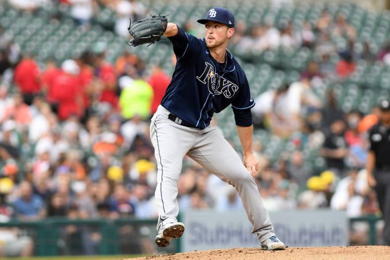 Aug 4, 2022; Detroit, Michigan, USA; Tampa Bay Rays starting pitcher Jeffrey Springs (59) throws a pitch against the Detroit Tigers in the second inning at Comerica Park. Mandatory Credit: Lon Horwedel-USA TODAY Sports