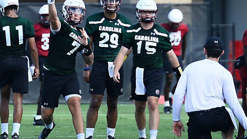 The USC football team held their first preseason football practice at the USC practice fields on Aug. 5, 2022. The team's head coach is Shane Beamer.  Spencer Rattler (7) on the field goes through passing drills.

Spa Usc First 2022 Football Practice33