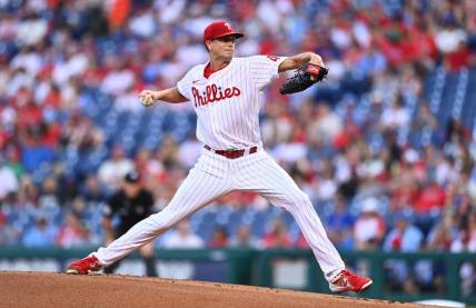 Aug 5, 2022; Philadelphia, Pennsylvania, USA; Philadelphia Phillies pitcher Kyle Gibson (44) throws a pitch against the Washington Nationals in the first inning at Citizens Bank Park. Mandatory Credit: Kyle Ross-USA TODAY Sports