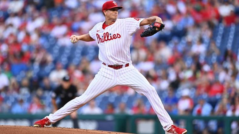 Aug 5, 2022; Philadelphia, Pennsylvania, USA; Philadelphia Phillies pitcher Kyle Gibson (44) throws a pitch against the Washington Nationals in the first inning at Citizens Bank Park. Mandatory Credit: Kyle Ross-USA TODAY Sports