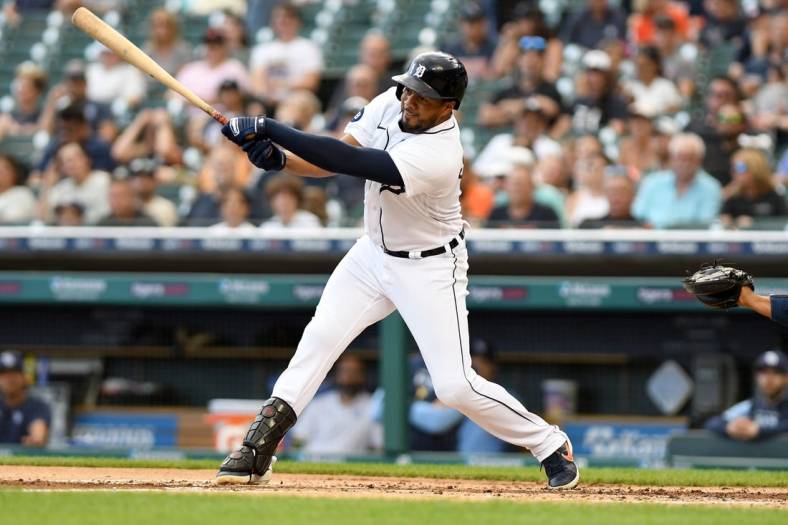 Aug 5, 2022; Detroit, Michigan, USA; Detroit Tigers third baseman Jeimer Candelario (46) hits an RBI single against the Tampa Bay Rays in the first inning at Comerica Park. Mandatory Credit: Lon Horwedel-USA TODAY Sports